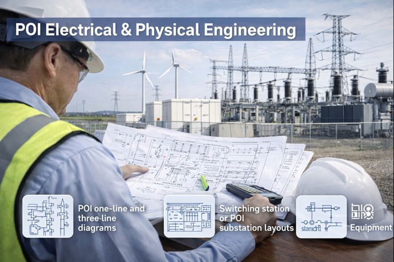 Two technicians in hard hats inspect electrical panel, one using a laptop in a control room.