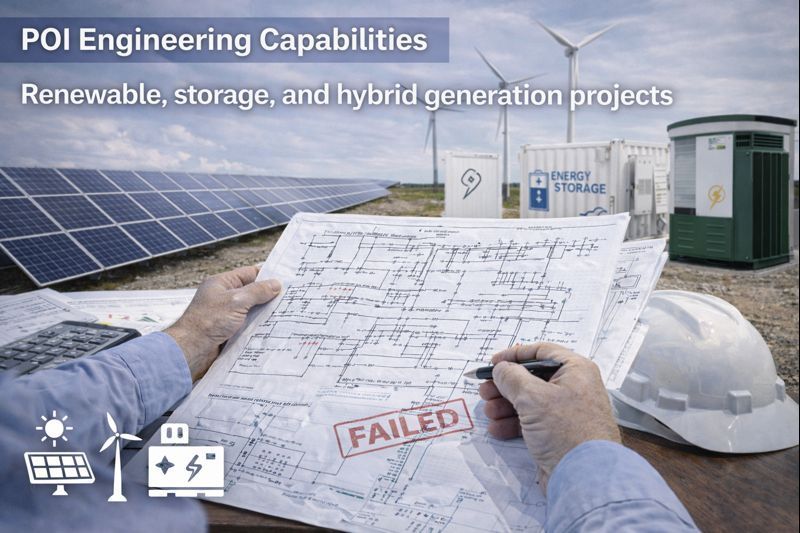 Two technicians in hard hats inspect electrical panel, one using a laptop in a control room.