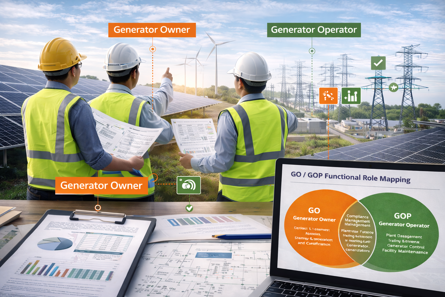 Two technicians in hard hats inspect electrical panel, one using a laptop in a control room.