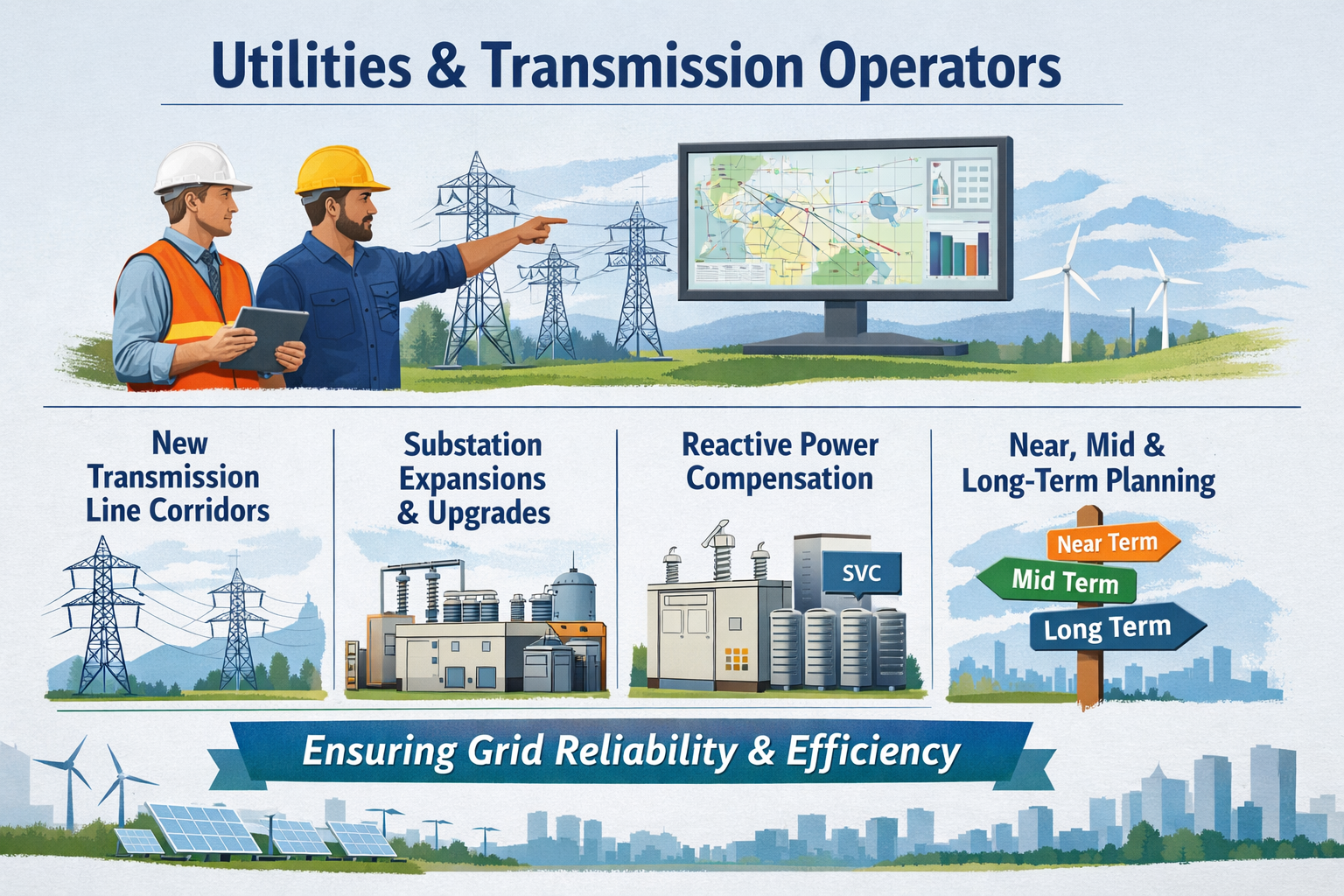 Two technicians in hard hats inspect electrical panel, one using a laptop in a control room.