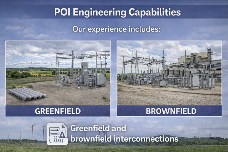 Two technicians in hard hats inspect electrical panel, one using a laptop in a control room.