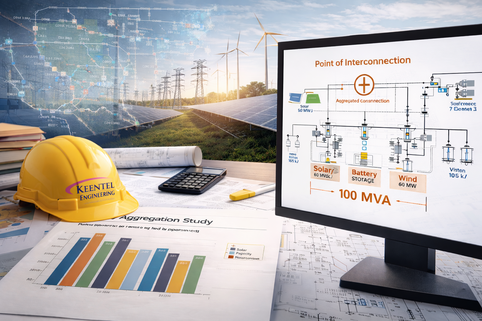 Two technicians in hard hats inspect electrical panel, one using a laptop in a control room.