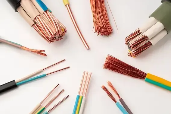 High-quality copper electrical cables and wires with exposed conductors on white background