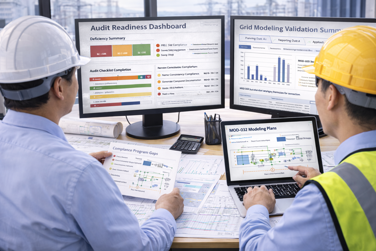 Two technicians in hard hats inspect electrical panel, one using a laptop in a control room.