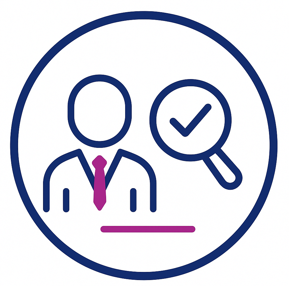 Person icon with a magnifying glass and check mark, in a circle.