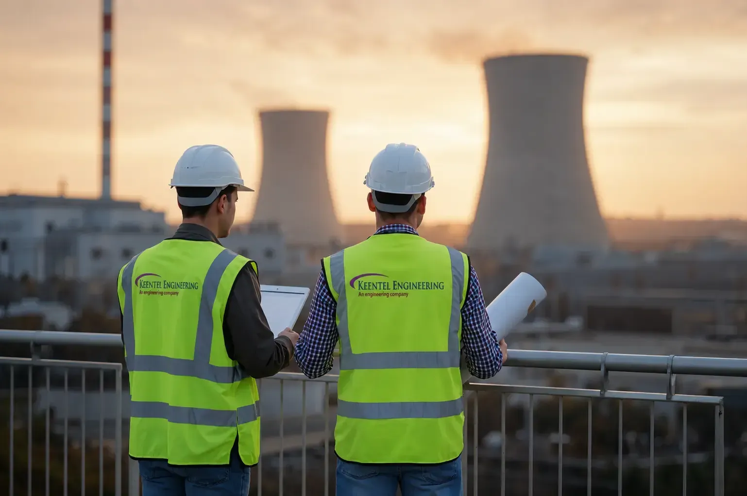 Power plant engineers inspecting electrical equipment for a new generating unit