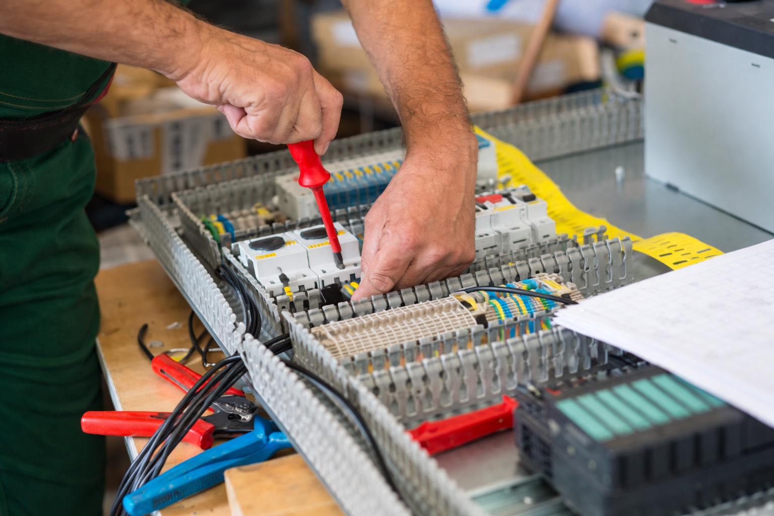 Electrician wiring industrial control panel with circuit breakers and electrical components