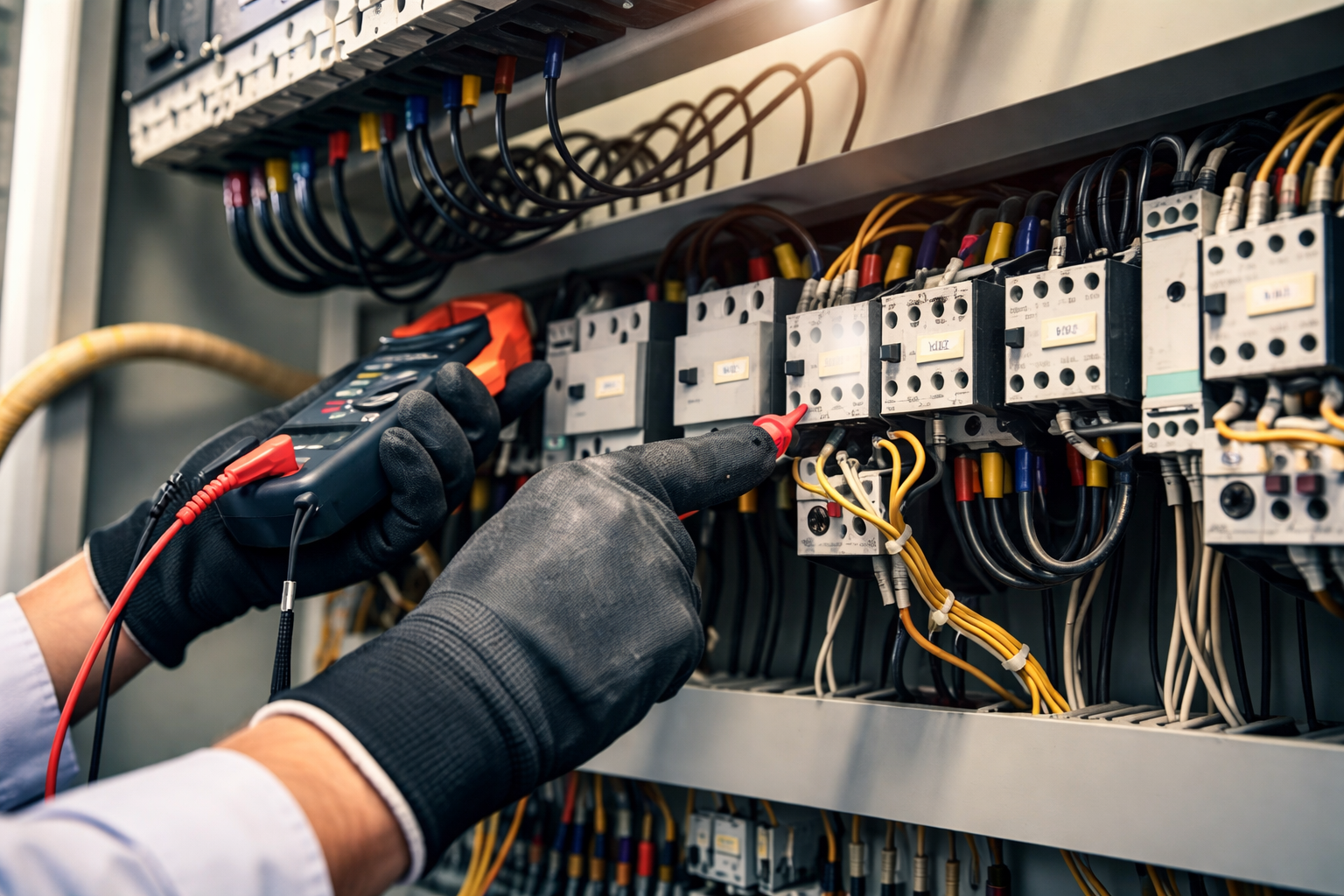 Technician testing an industrial electrical control panel using a digital multimeter.