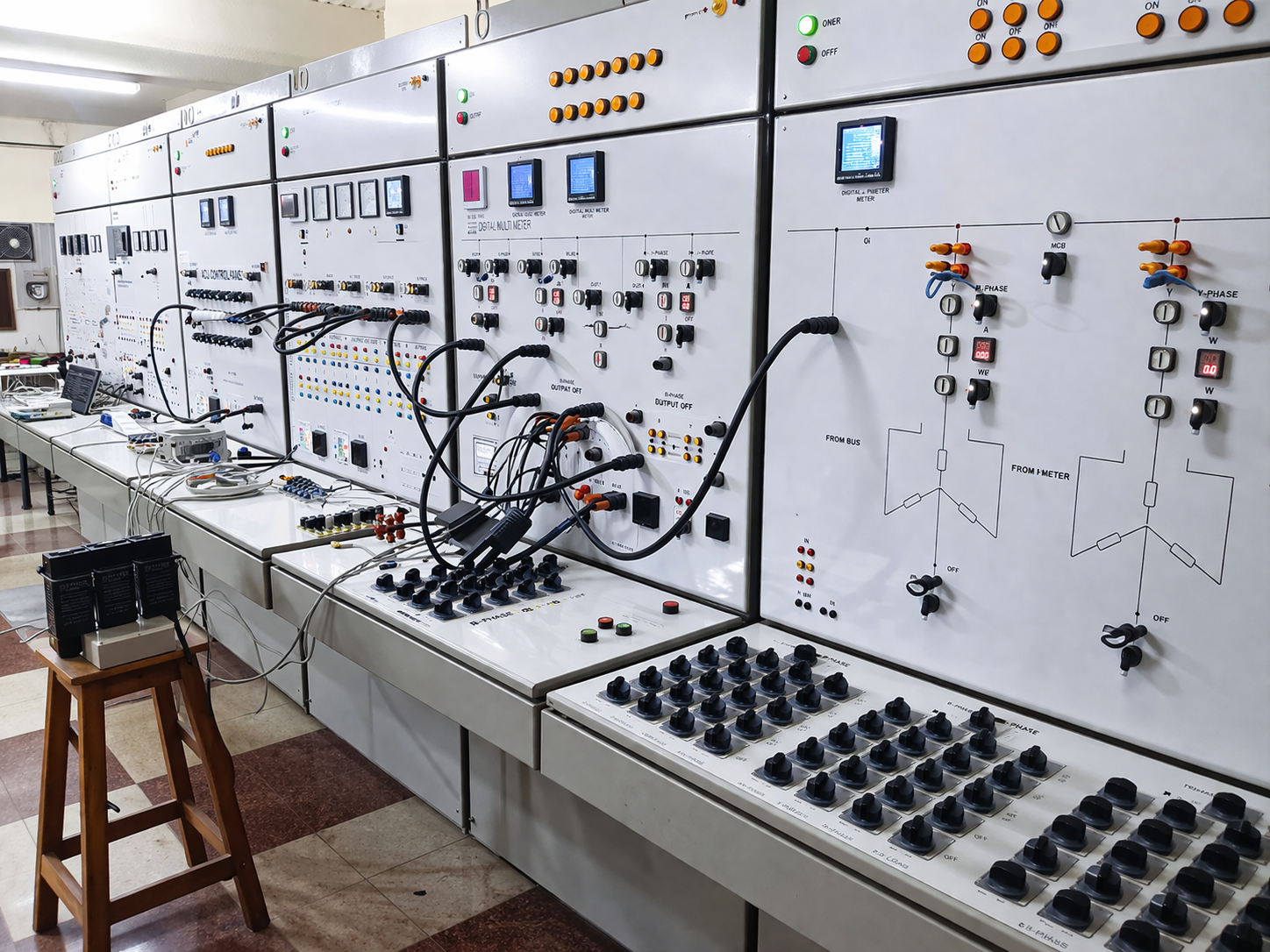 High-resolution view of an industrial electrical control panel lab with multiple switchboards