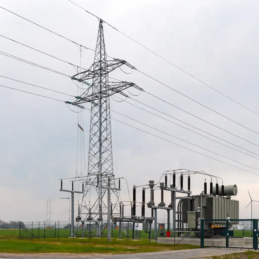 Electrical substation with transformer and high voltage transmission tower in a rural area