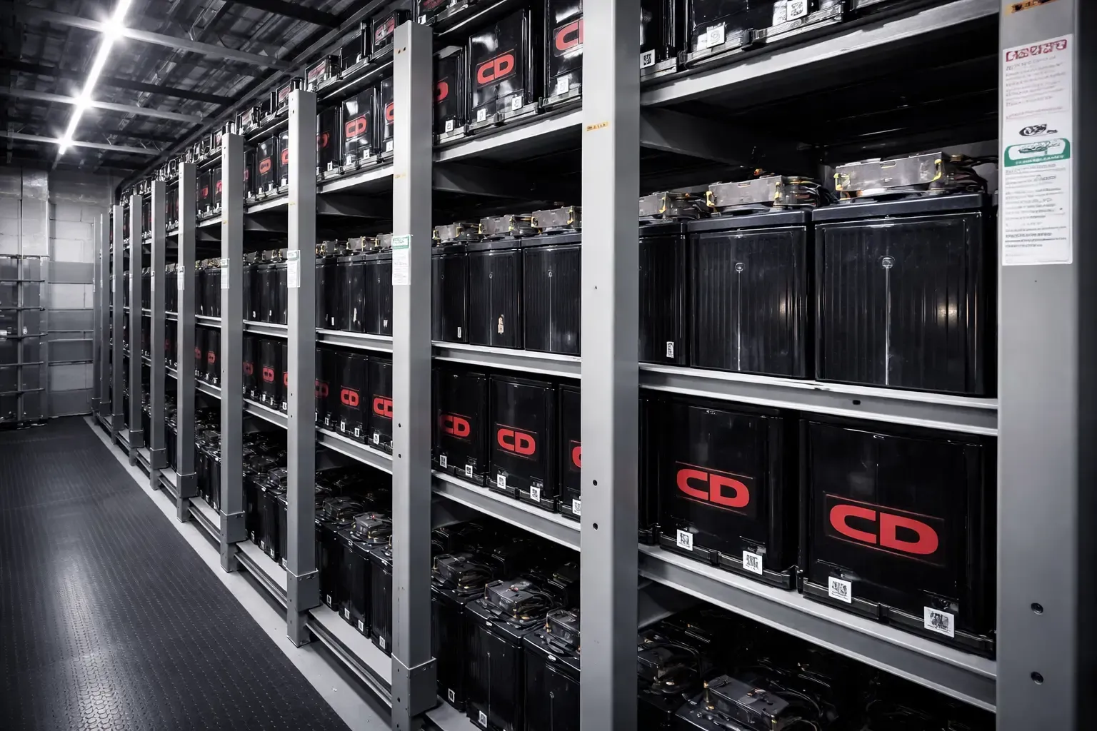 A well-organized rack of industrial backup batteries in a data center