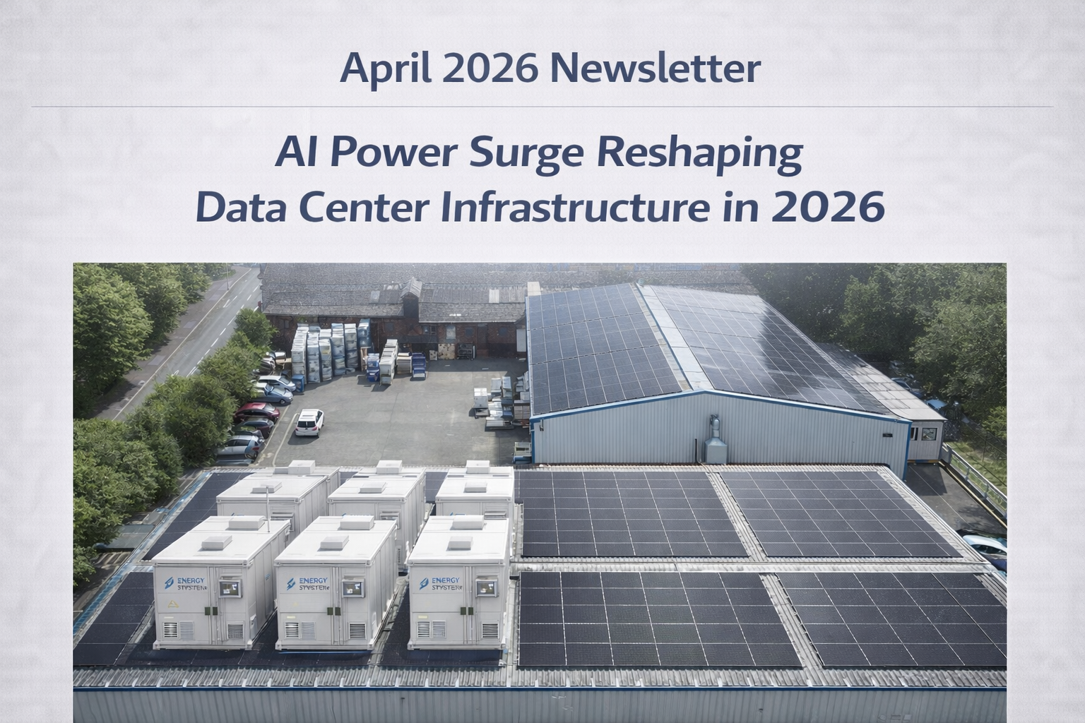 April 2026 newsletter with solar-powered data center rooftop.