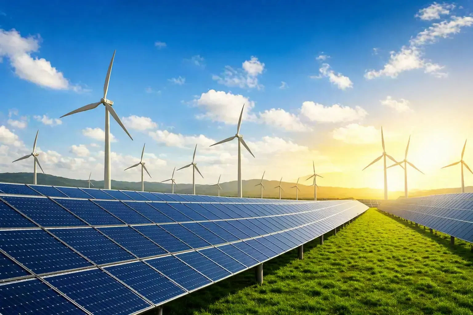 Solar panels and wind turbines generating renewable energy.