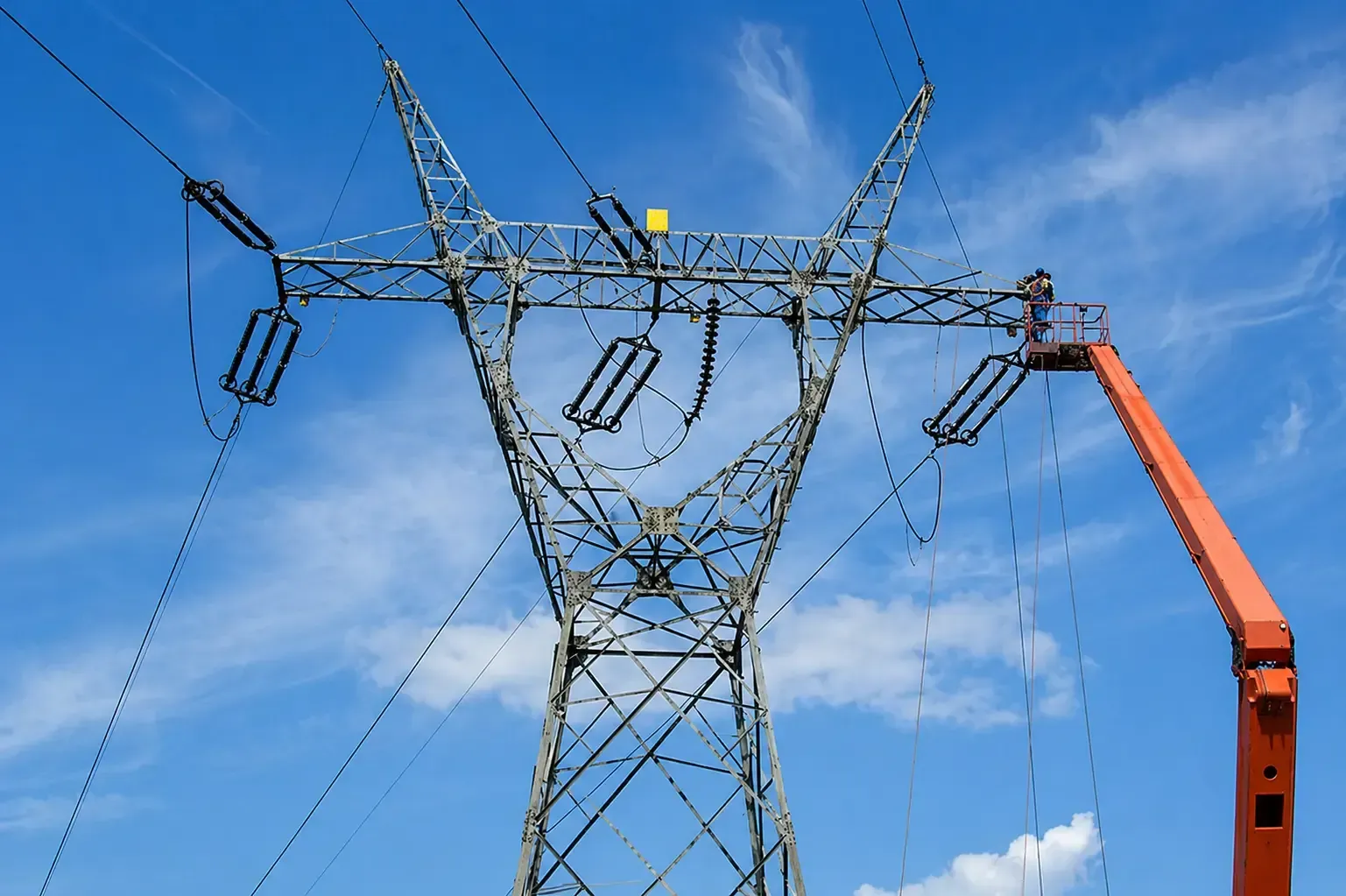 Two people in safety vests at a wind farm, pointing toward the turbines, on a sunny day.