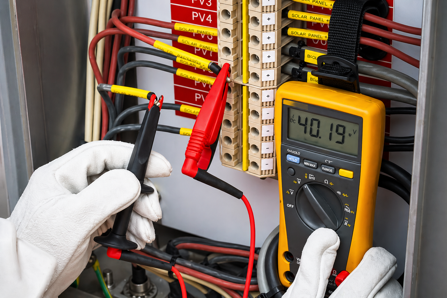 Technician testing electrical panel with digital multimeter
SEO-Optimized Alt Text