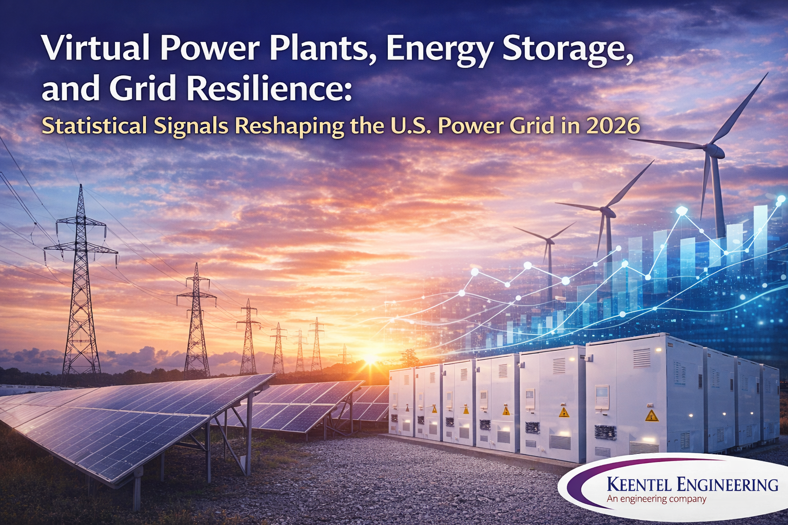 Blog banner showing virtual power plants, utility-scale battery storage, solar panels, and wind turb