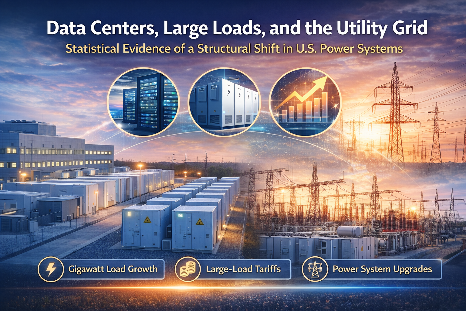 Blog banner showing data centers, utility-scale battery storage, and power transmission infrastructu
