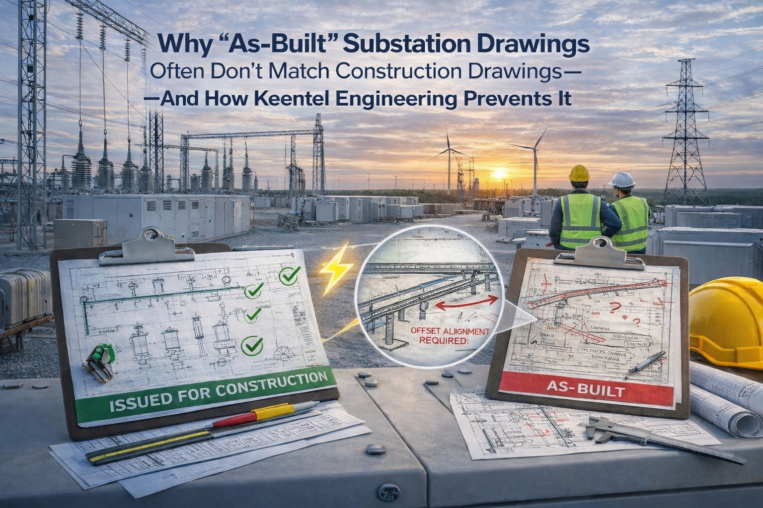 Comparison of issued-for-construction and as-built substation drawings at an electrical substation s