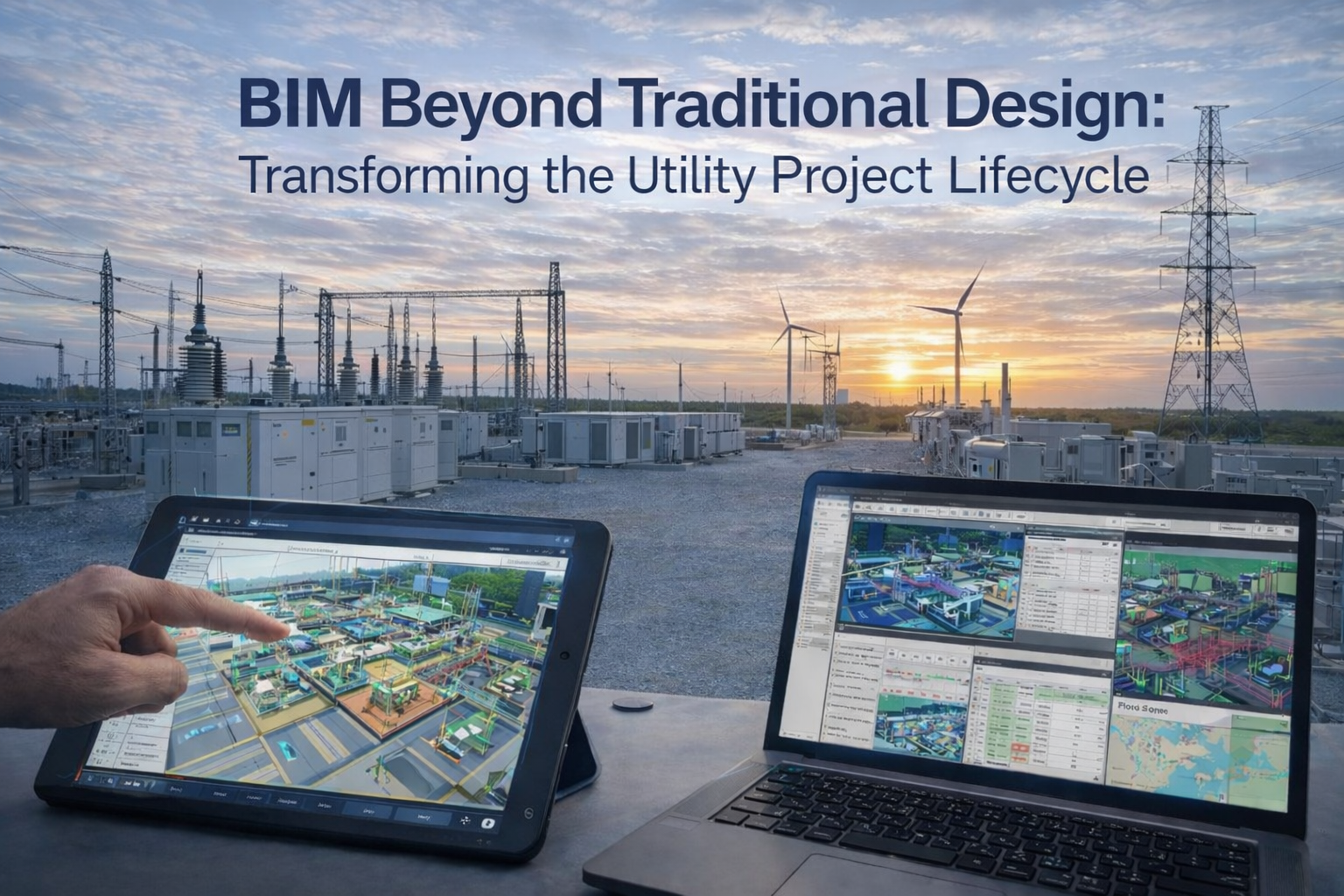 BIM-enabled utility substation design showing 3D digital model visualization on tablet and laptop wi