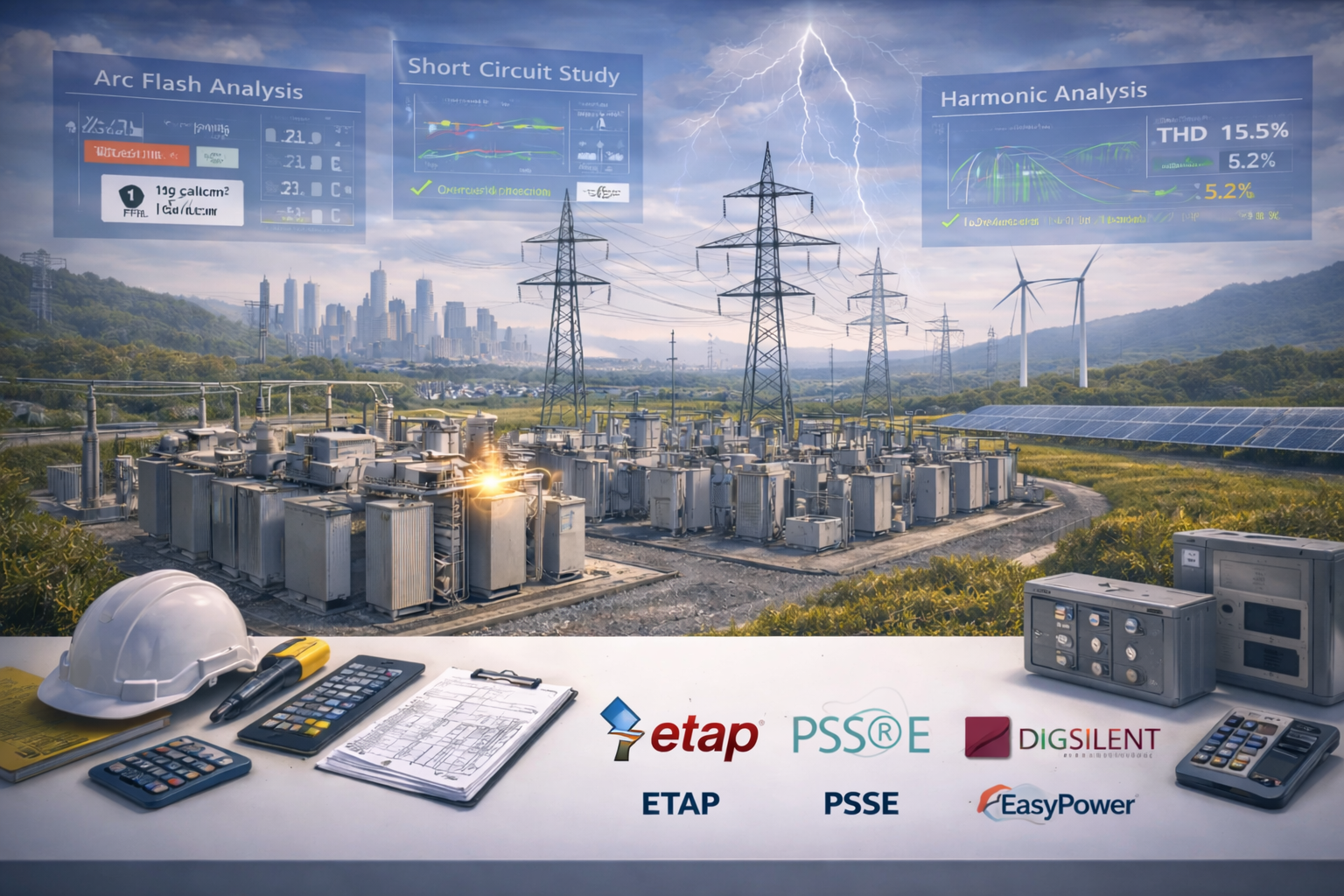 Two technicians in hard hats inspect electrical panel, one using a laptop in a control room.