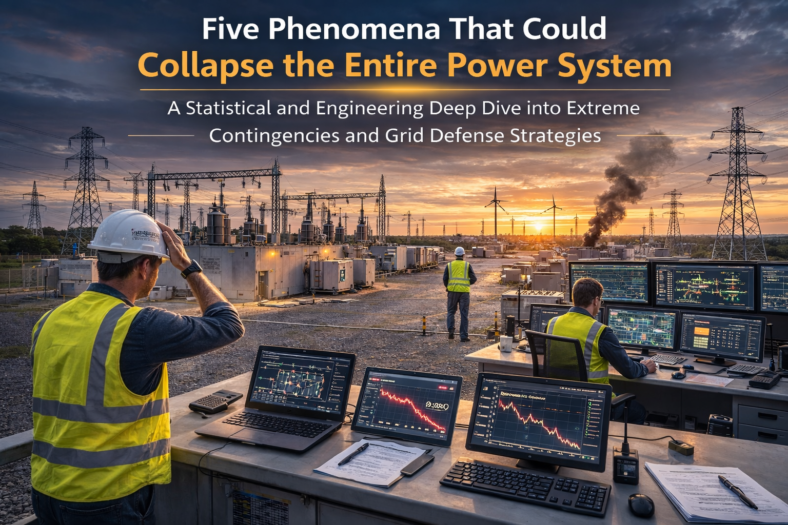 Engineers monitoring power system instability at a high-voltage electrical substation during sunset,