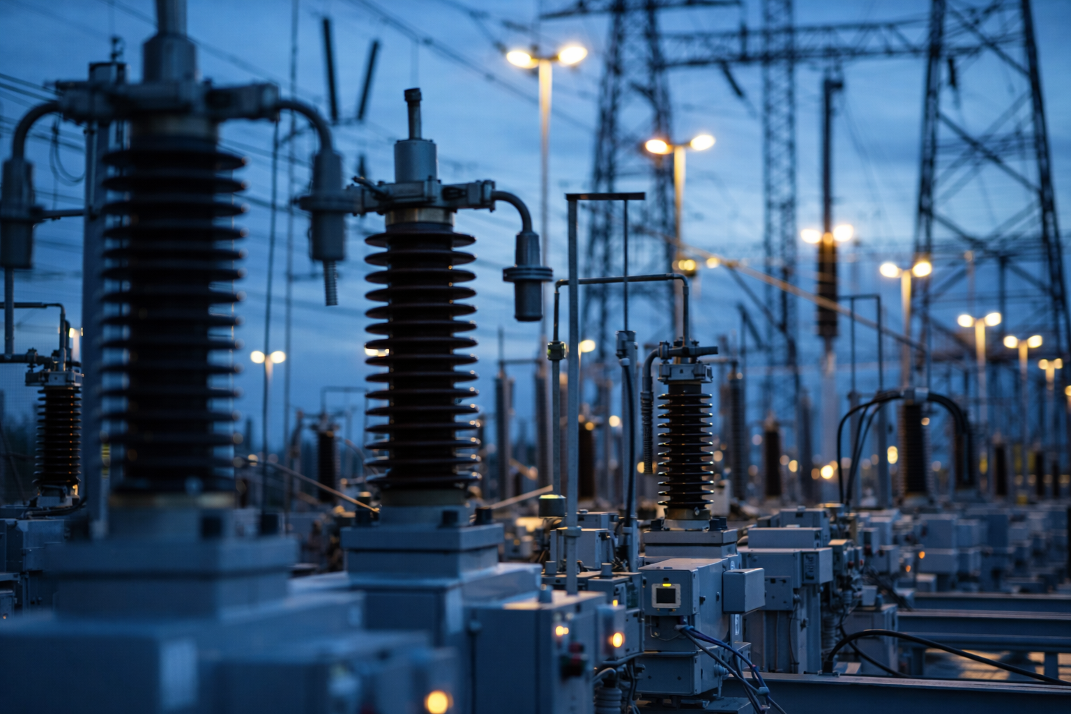 Close-up of high-voltage insulators and electrical equipment in a substation, illuminated at twiligh