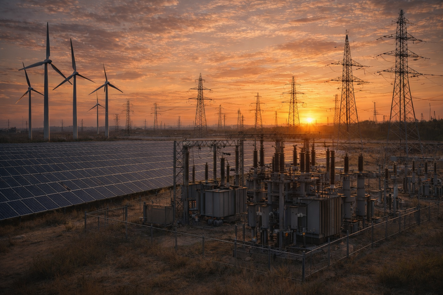 Sunset over renewable energy infrastructure with wind turbines, solar panels, and power transmission