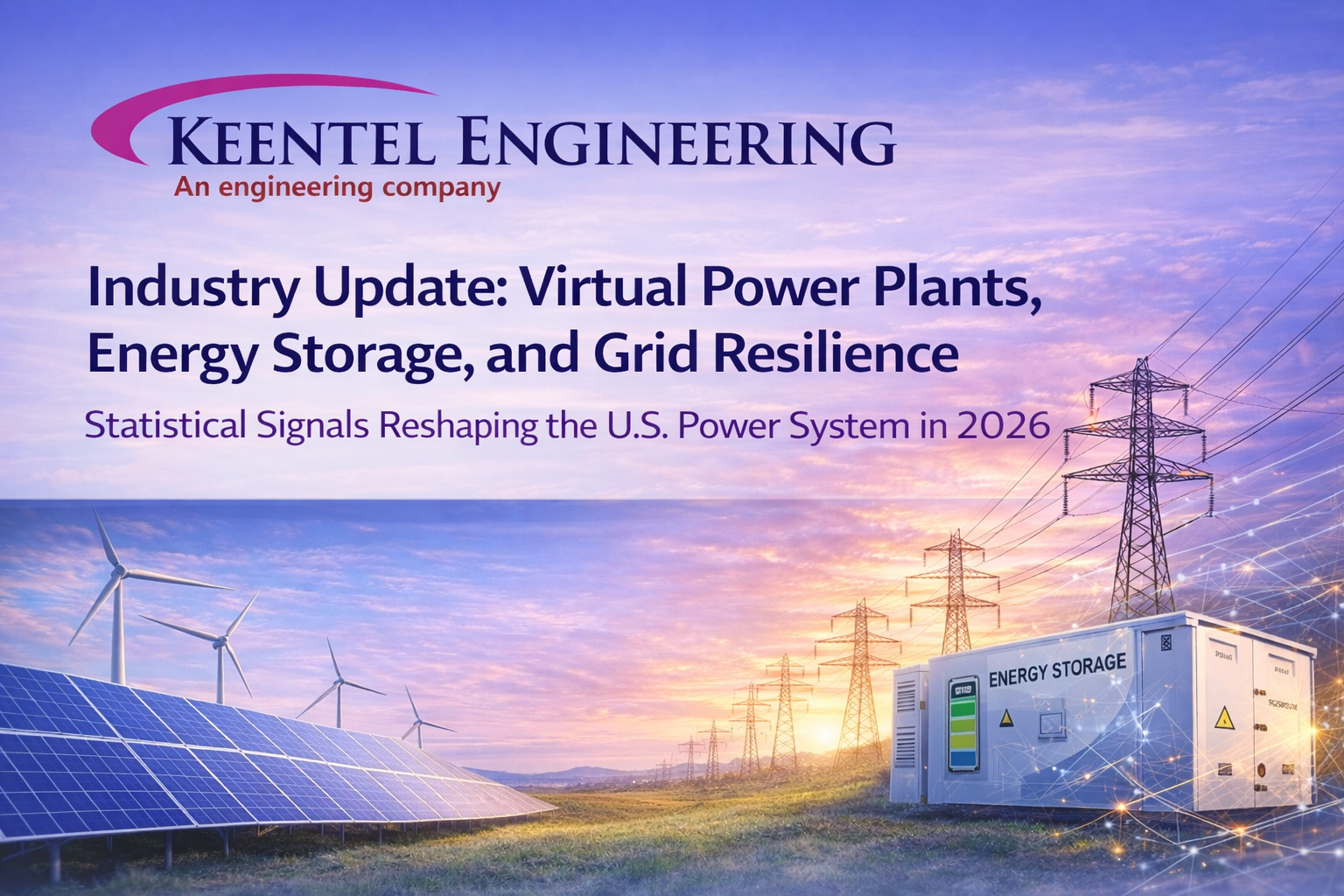Keentel Engineering blog banner showing renewable energy grid infrastructure with solar panels, wind