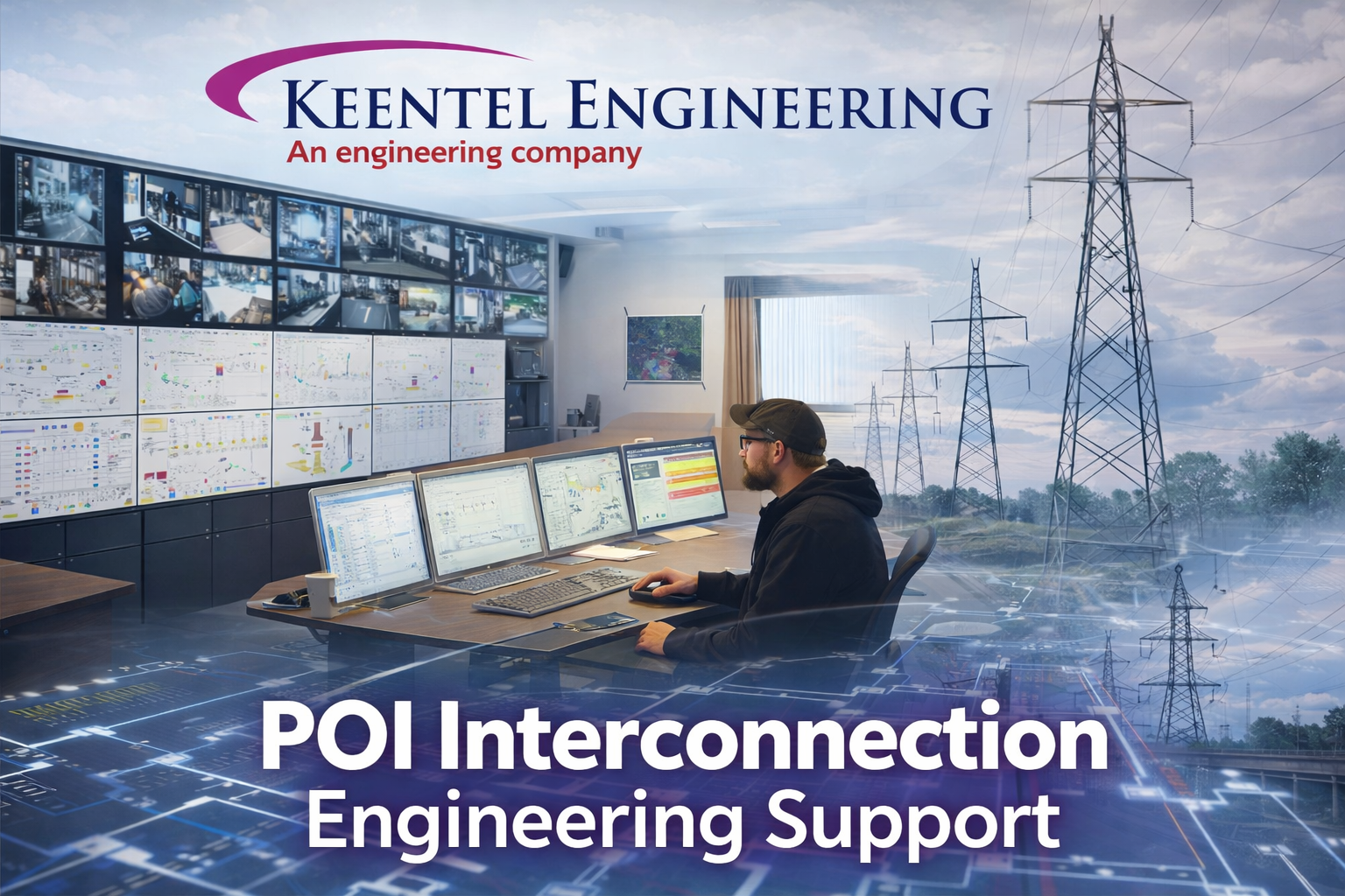 Two technicians in hard hats inspect electrical panel, one using a laptop in a control room.