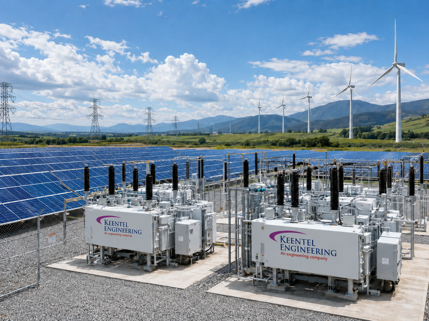 A power substation with a transformer flash, wind turbines, and solar panels, featuring data graphs on power quality study.