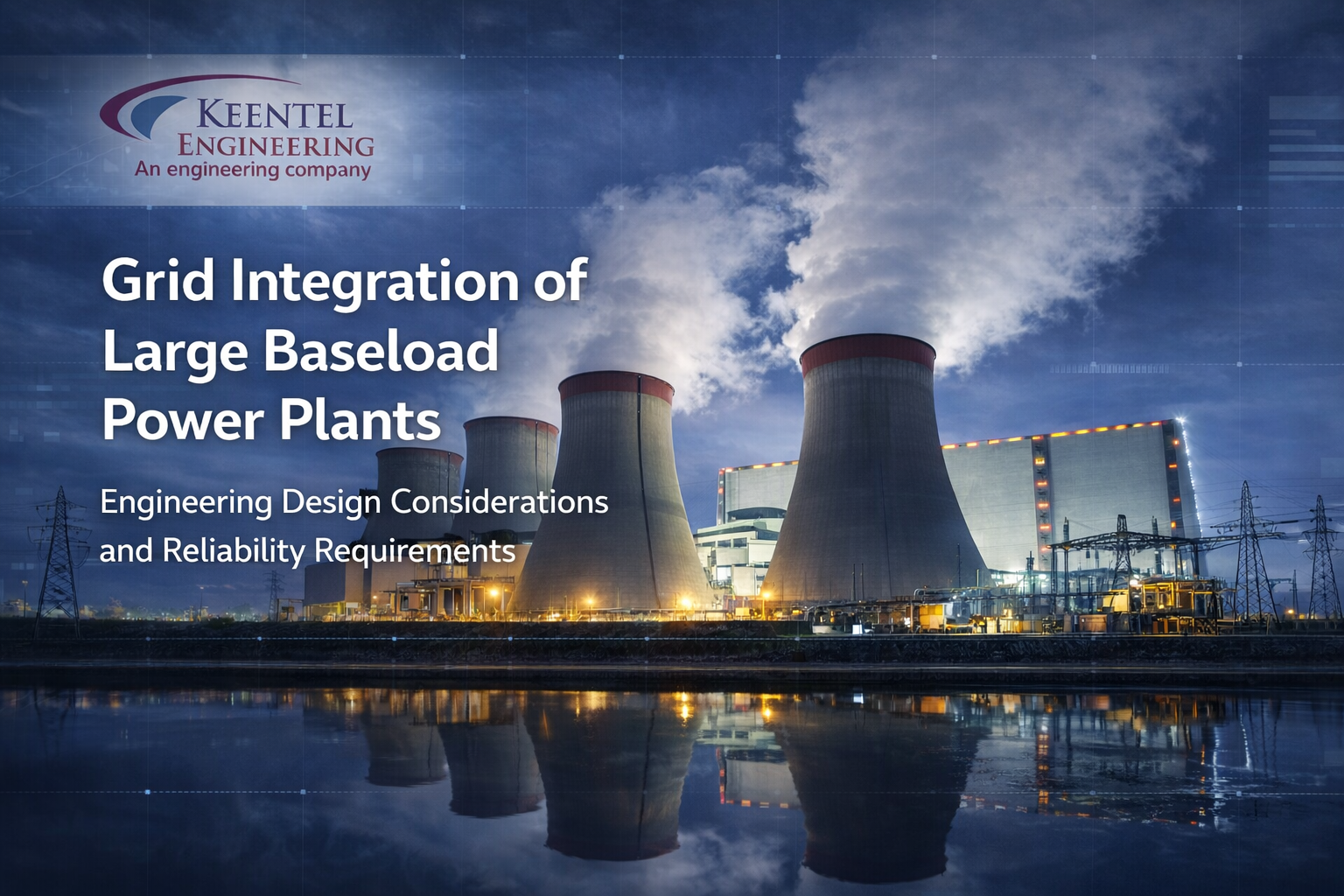 Large baseload power plant cooling towers connected to high-voltage transmission grid infrastructure