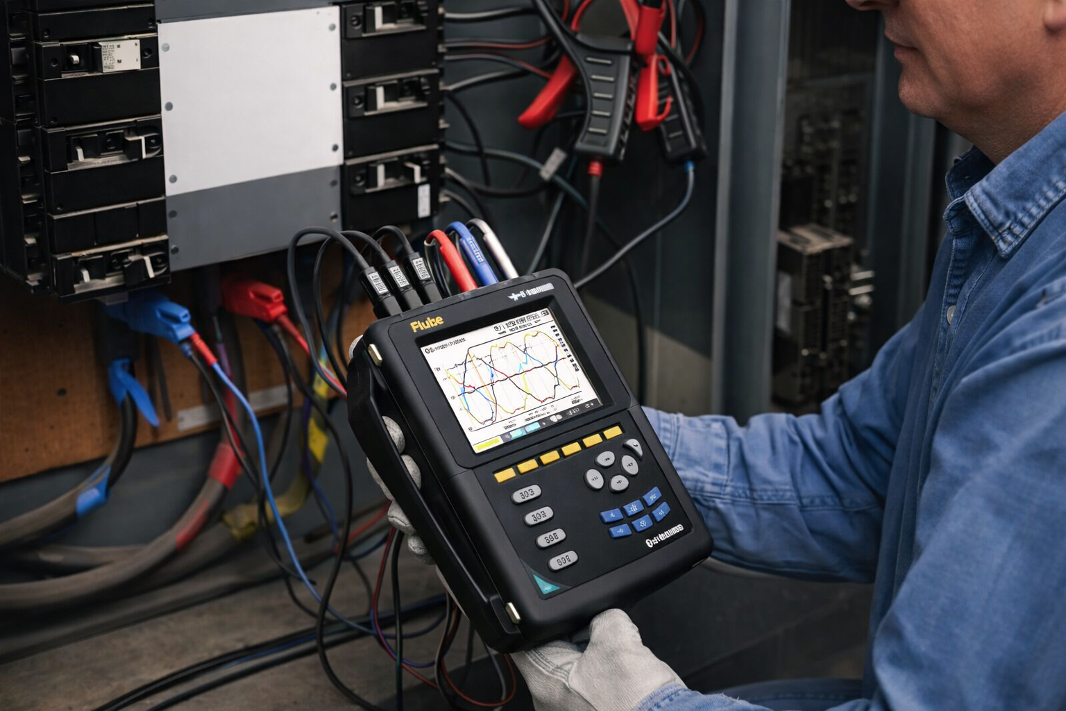 Electrical technician using a power quality analyzer to test wiring in an industrial control panel.