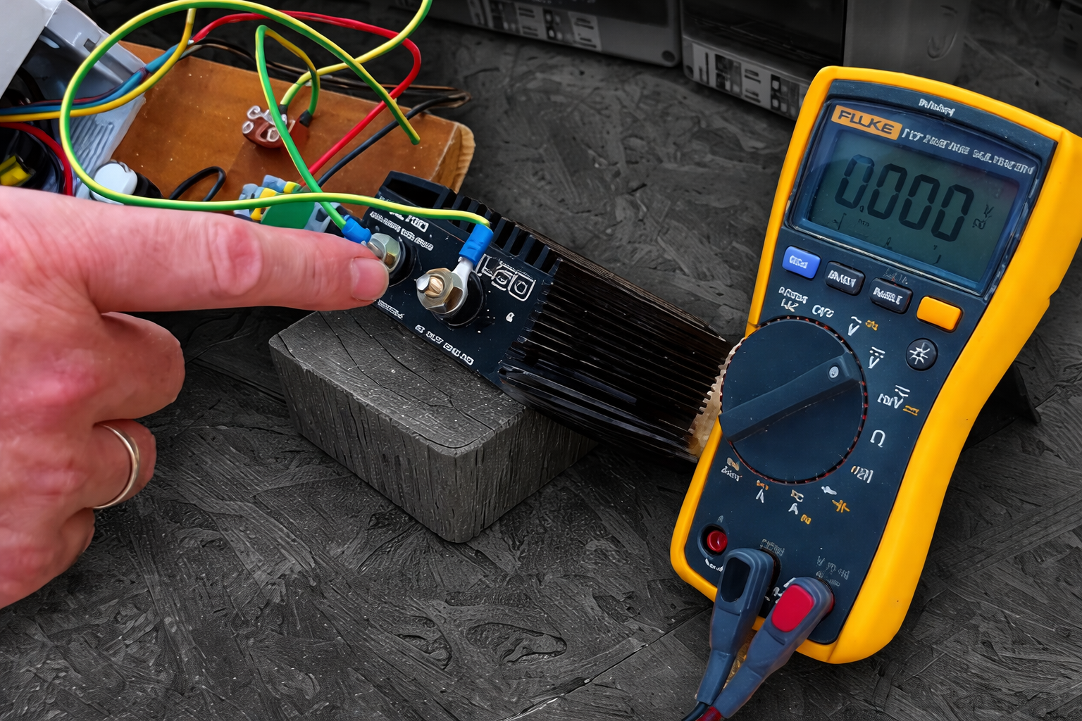 A person points to a terminal on a black heatsink component next to a yellow digital multimeter reading 0.000.