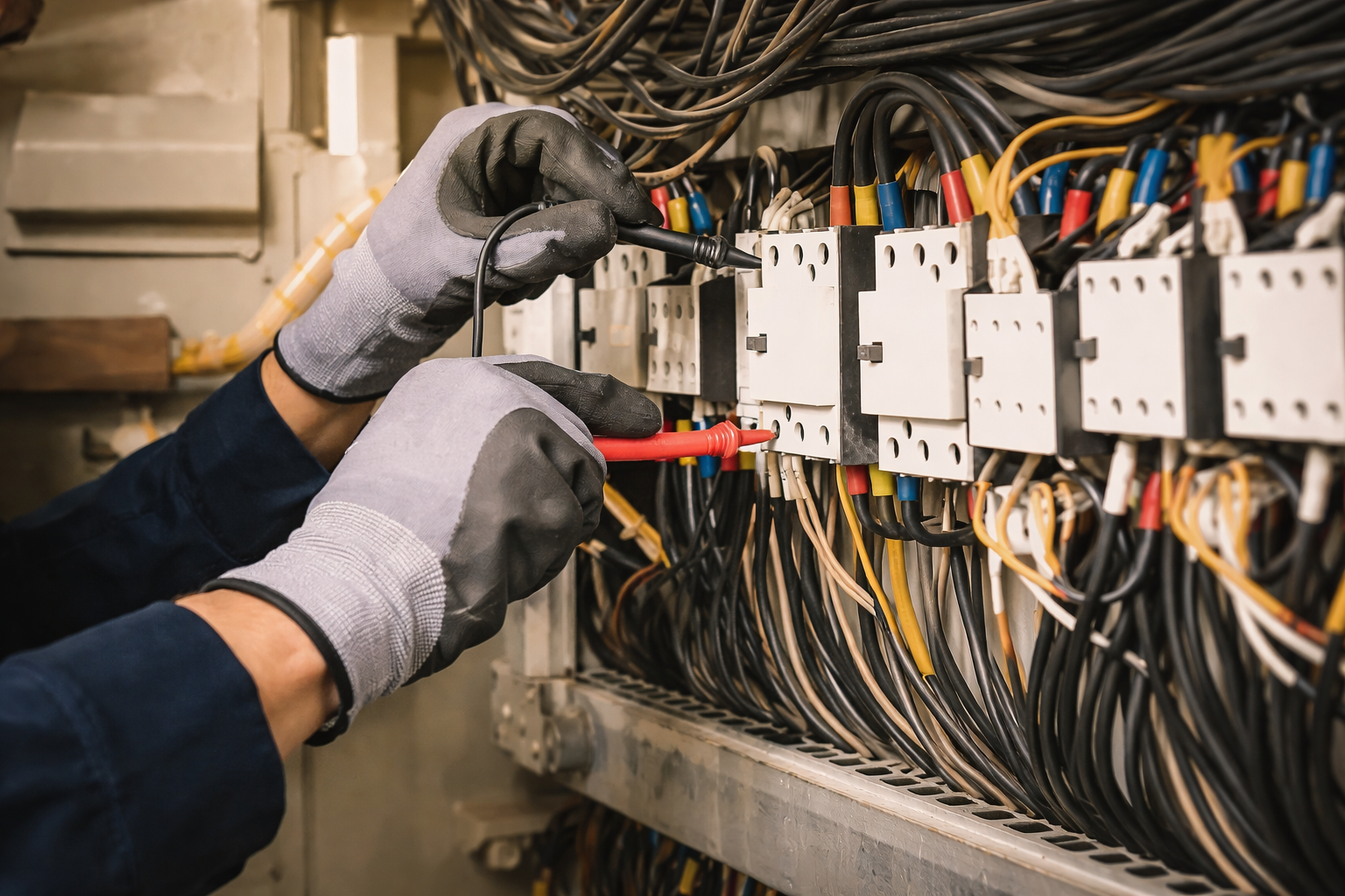 An electrician wearing protective gloves uses a multimeter to test electrical connections on a control panel.