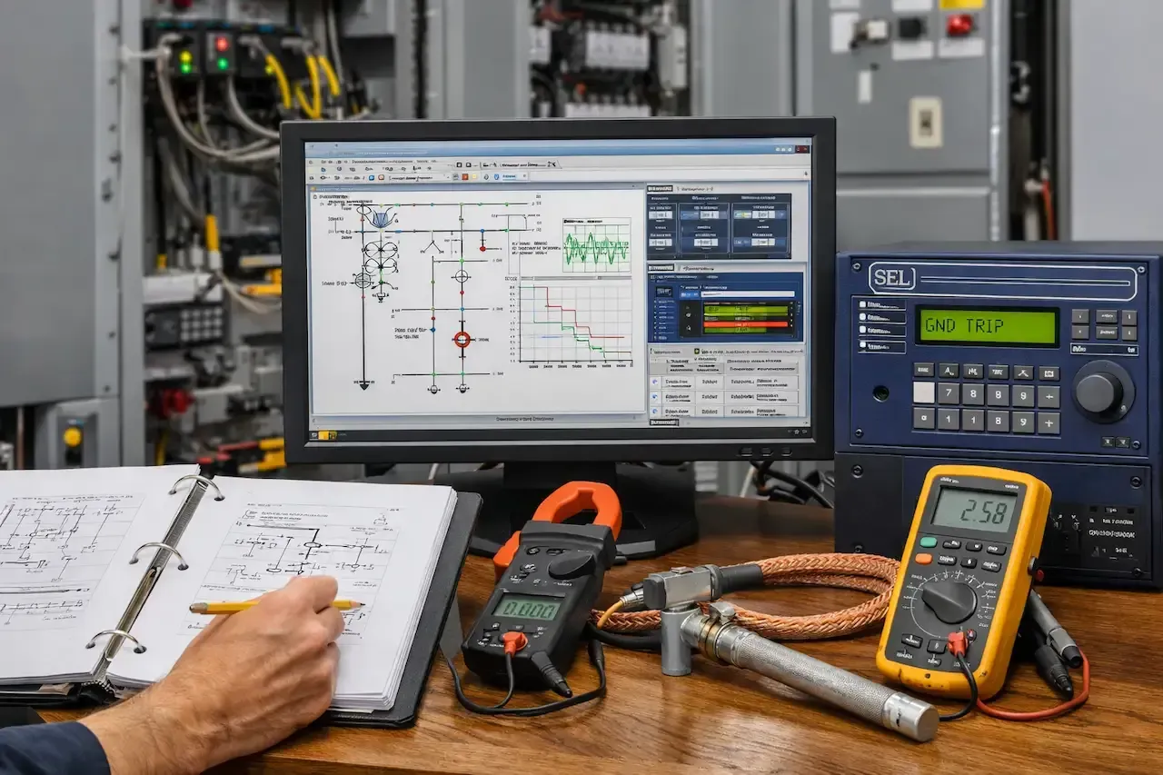 An engineer writes in a notebook at a desk with testing equipment, a digital multimeter, and a computer showing diagrams.