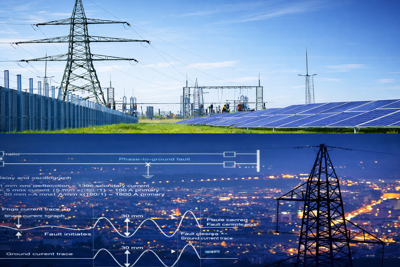 High-voltage transmission towers and solar energy panels with power system analysis waveform showing