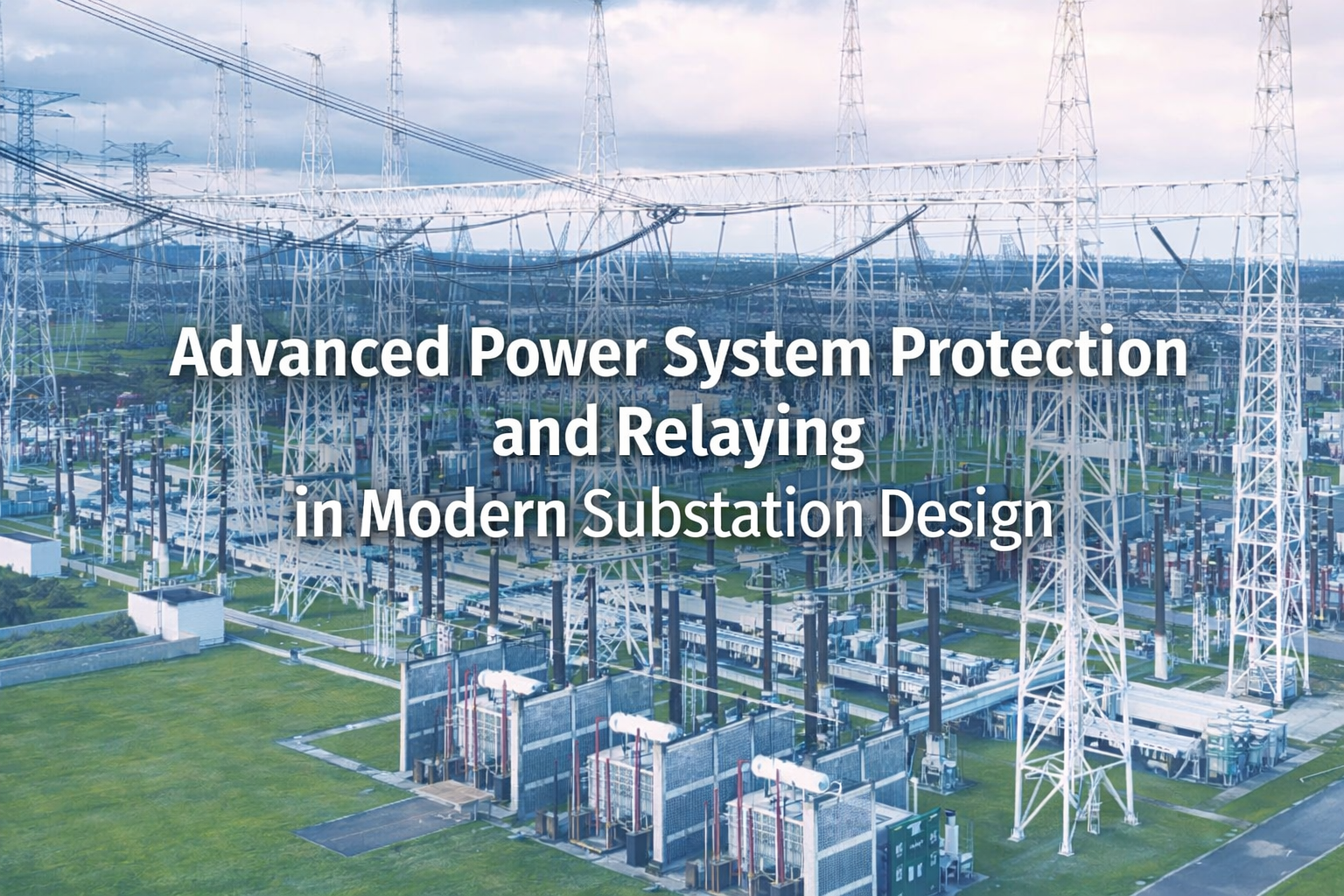 High-voltage electrical substation with transmission towers, power lines, and switching equipment il