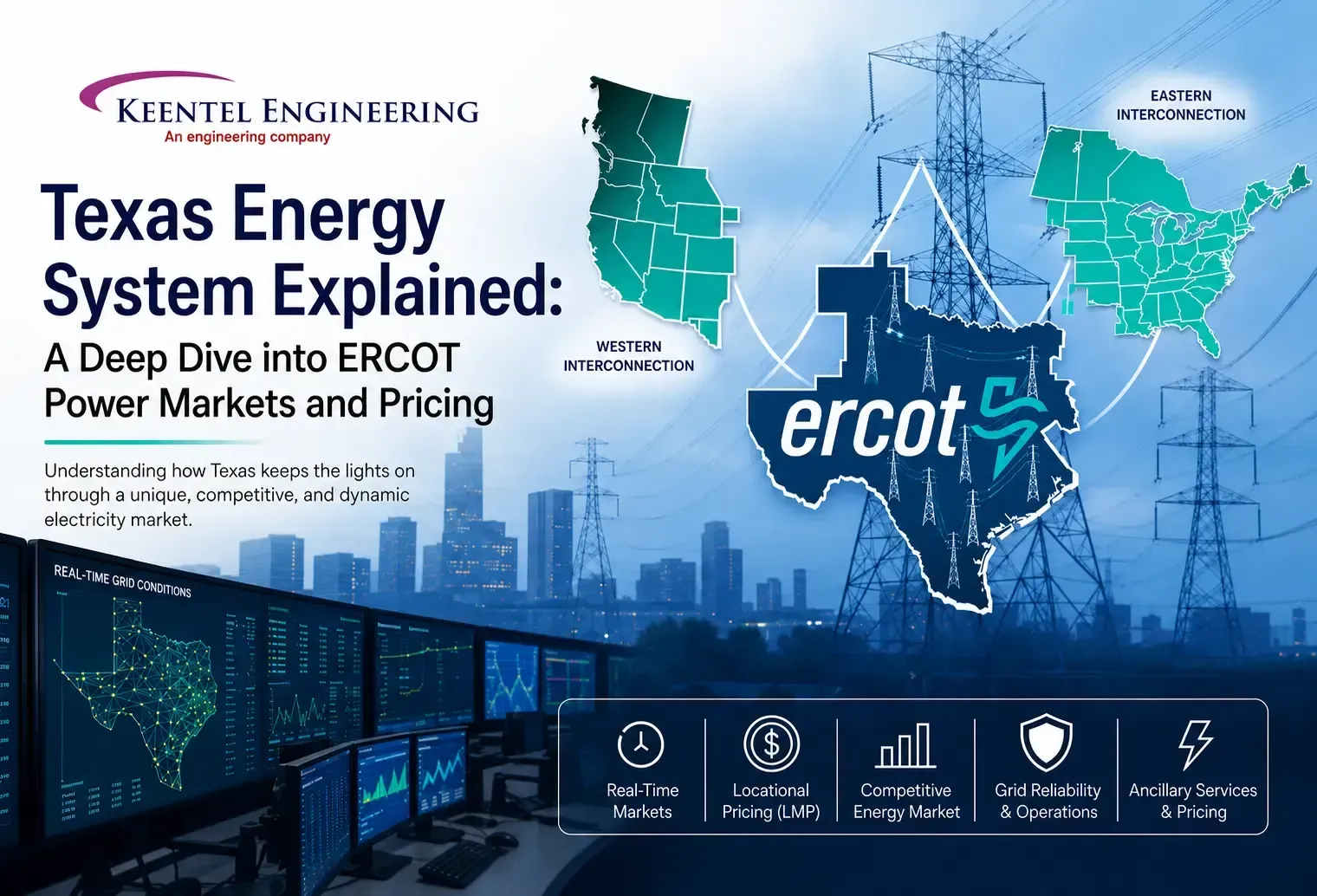 Texas Energy System Explained infographic showing ERCOT power market, Texas grid operations, 