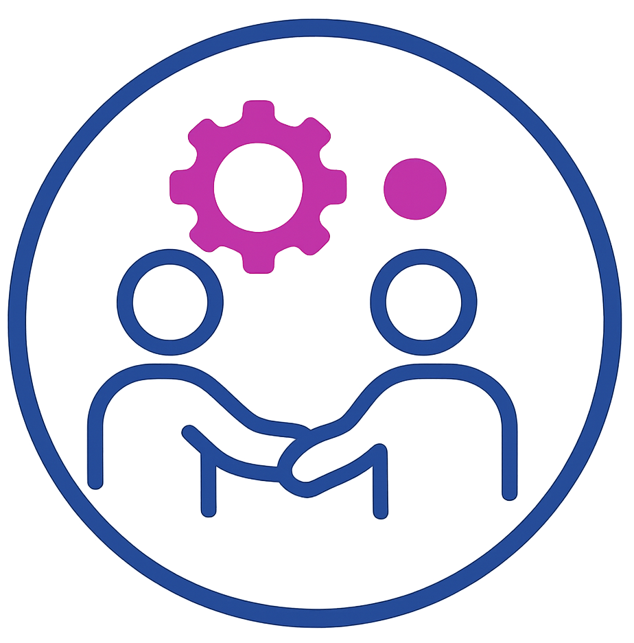 Two figures shaking hands with gear and sphere symbols, in a blue circle.