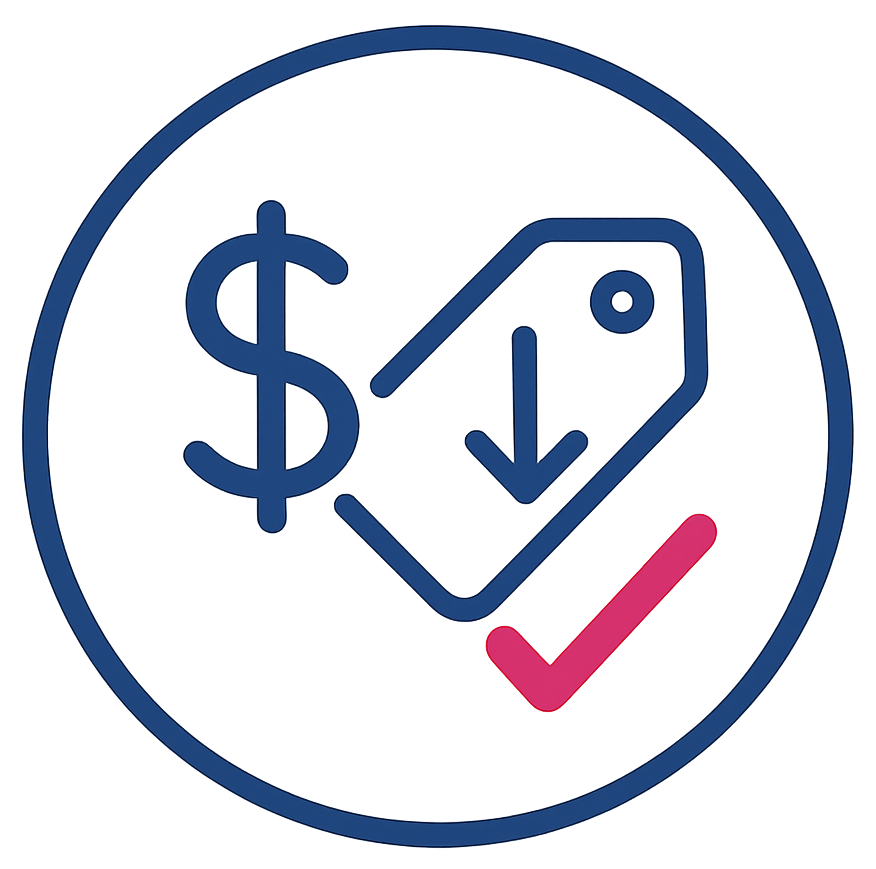 Dollar sign and price tag with downward arrow and checkmark in a blue circle.