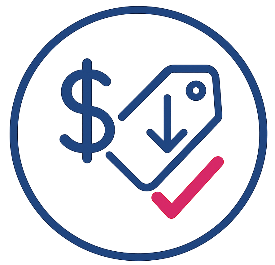 Blue circle with dollar sign, price tag with down arrow, and red check mark. Price reduction.