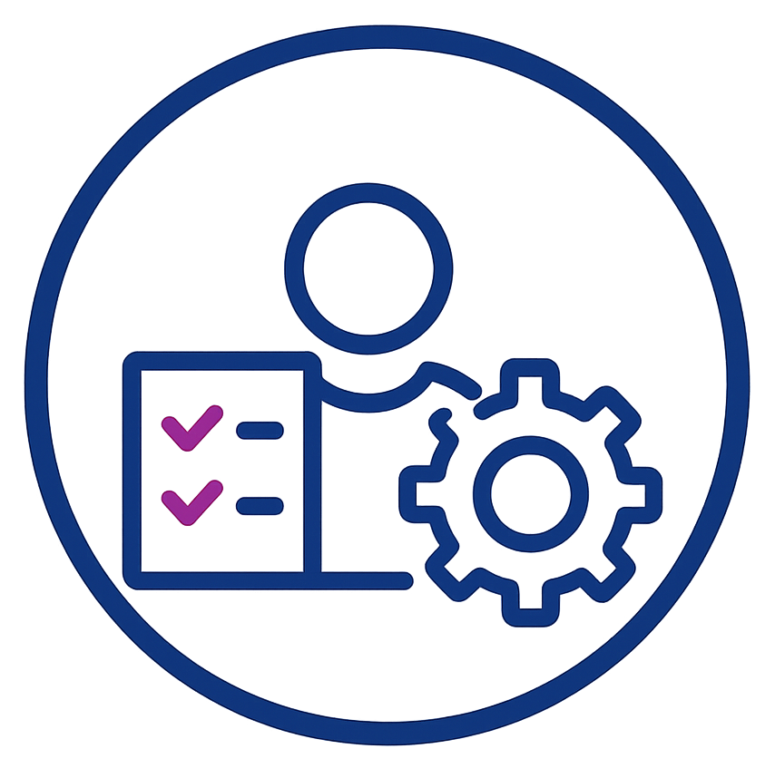 Person with checklist and gear icon in a blue circle.
