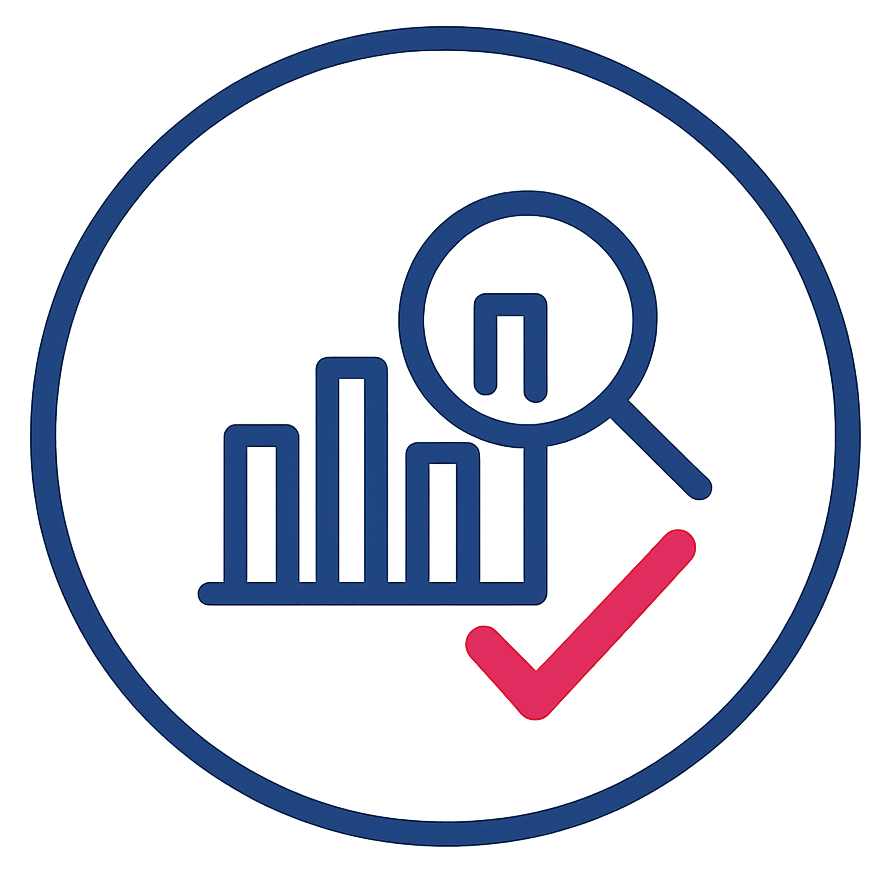 Bar graph with magnifying glass and checkmark.