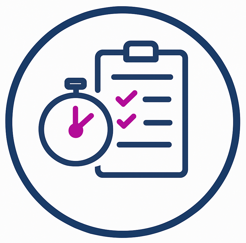 Stopwatch next to a clipboard with checkmarks.