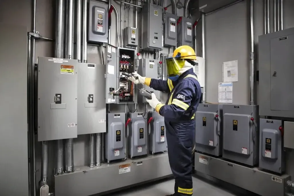 An electrician wearing full arc flash protective gear and face shield inspects an open industrial electrical panel.