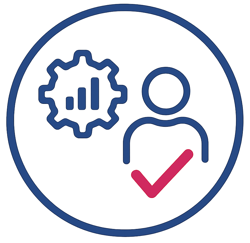 Person icon with a checkmark, gear with chart inside, inside a blue circle.