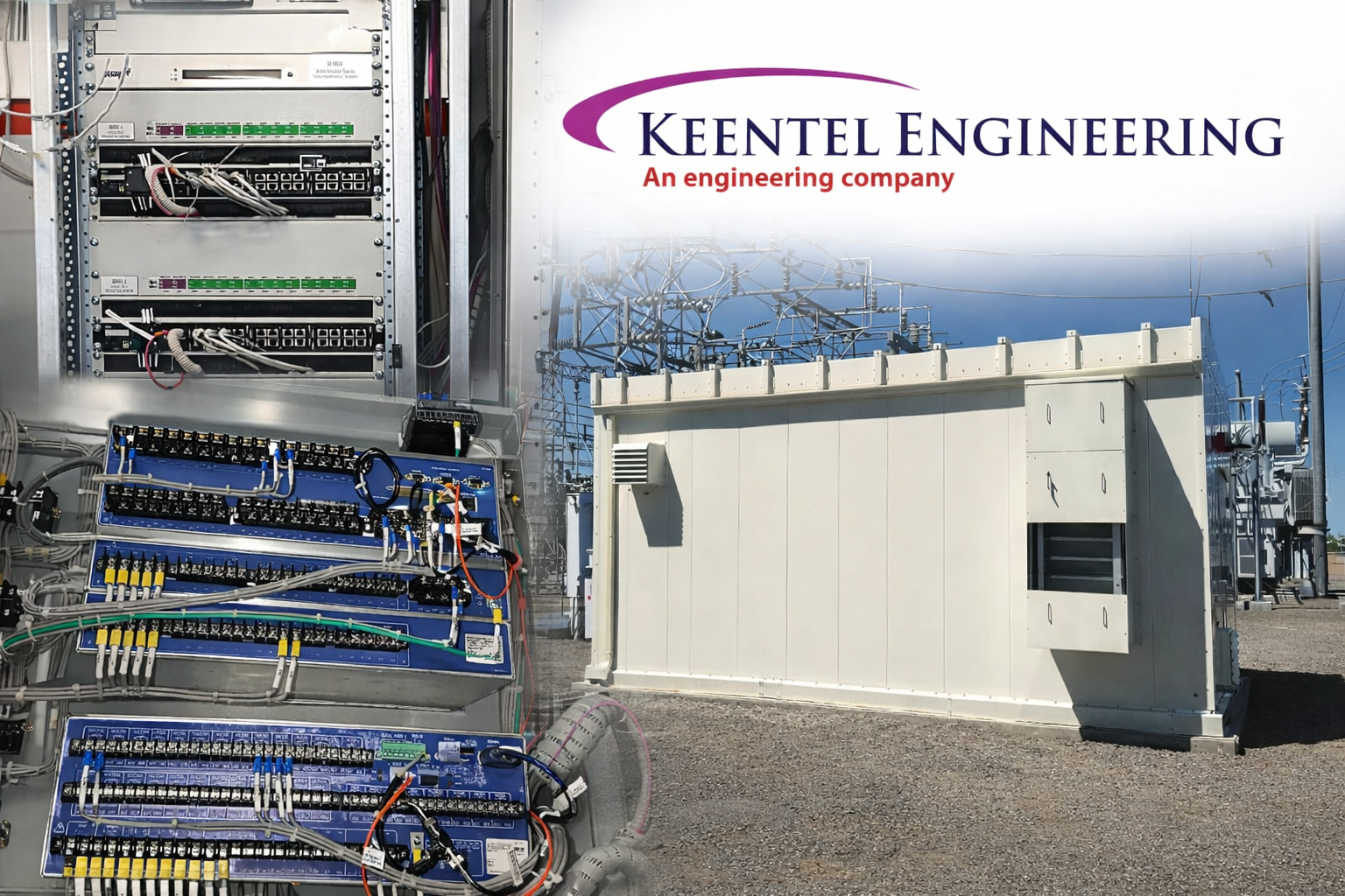 Keentel Engineering branded image showing electrical control panels with wiring and network equipmen