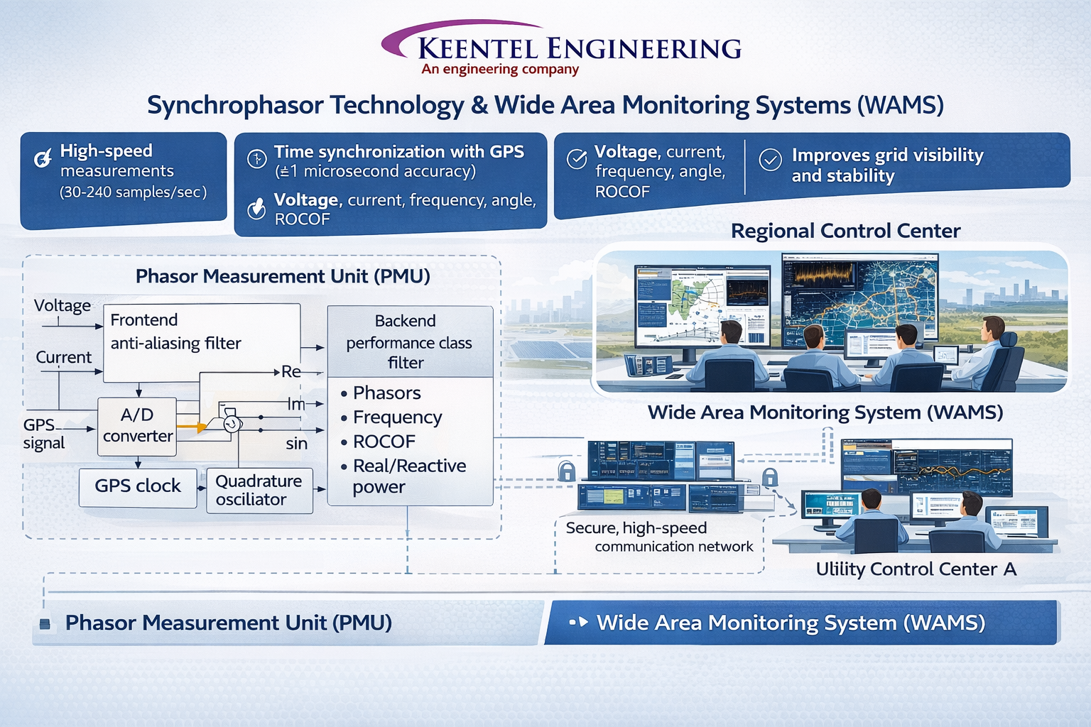 Phasor Measurement Unit (PMU) and WAMS system architecture for real-time power grid 