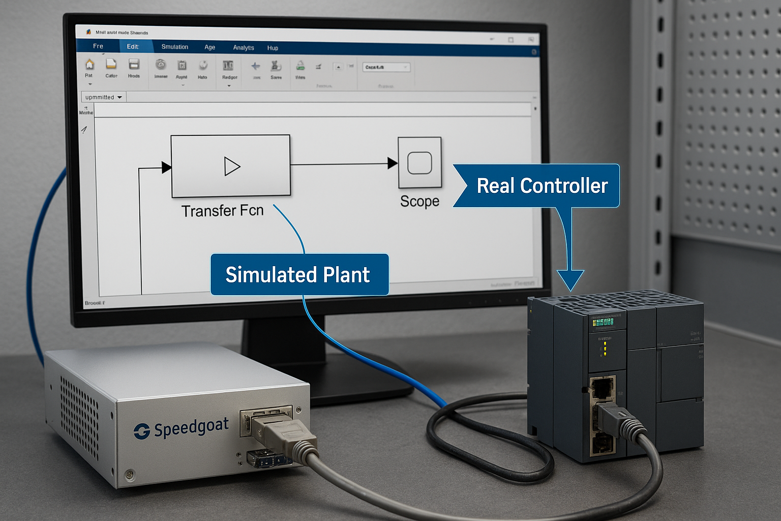 Engineers testing control systems using HIL simulation with Simulink software in a lab setting.