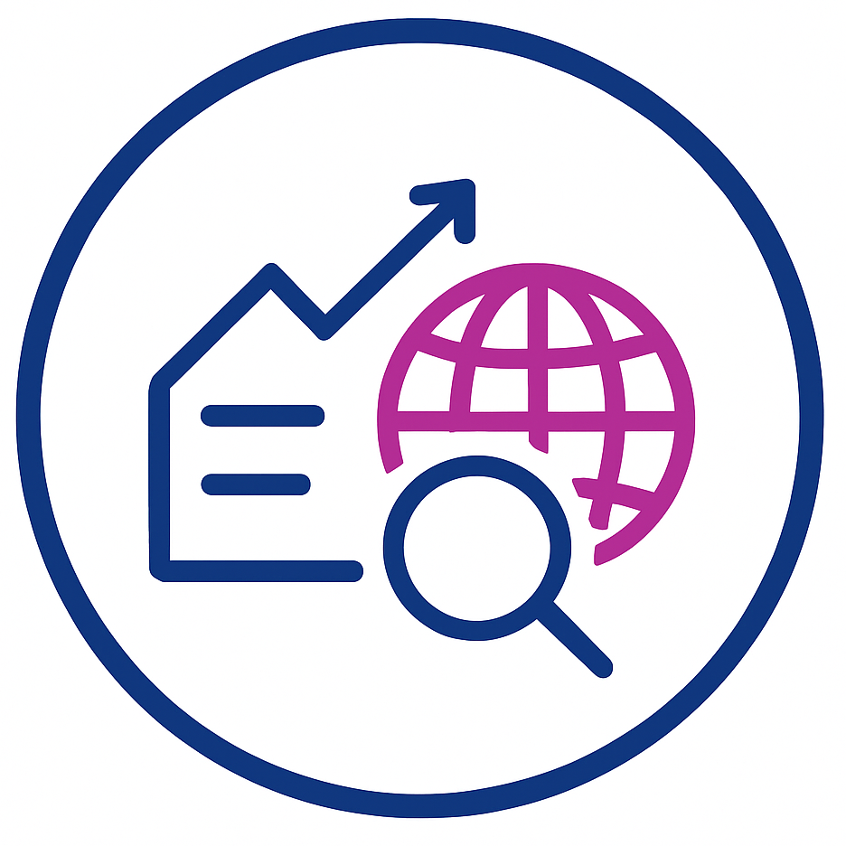A globe and graph with magnifying glass, in blue and purple, representing global research and data analysis.
